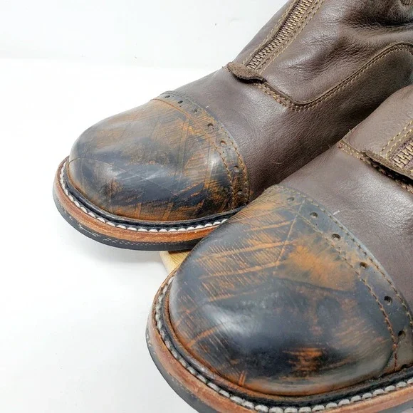 PSKaufman Chelsea Boots Mens 13‎ Brown Leather Front Zip Brogue Cap Toe Shoes